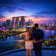 Couple viewing Singapore skyline at dusk with Marina Bay Sands, Gardens by the Bay, and illuminated Ferris wheel reflected in