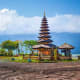 Pura Ulun Danu Bratan temple with tiered pagoda roof on lake in Bali, Indonesia