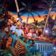 Family on Jungle Cruise ride at theme park with tropical sunset backdrop and palm trees