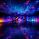 Immersive digital art installation with vibrant blue, purple, and pink lights reflecting on polished floor, silhouettes of vi