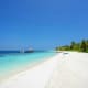 Pristine white sand beach in the Maldives with turquoise water, wooden pier, palm trees, and clear blue sky