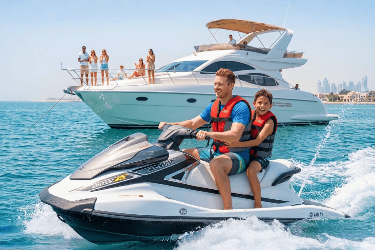 Man and boy riding jet ski with luxury yacht and group of people in background on calm blue ocean water