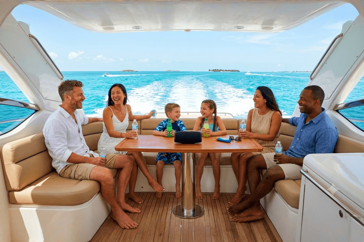 Multi-generational family enjoying drinks and conversation in the cabin of a 50ft yacht with turquoise ocean and islands visi