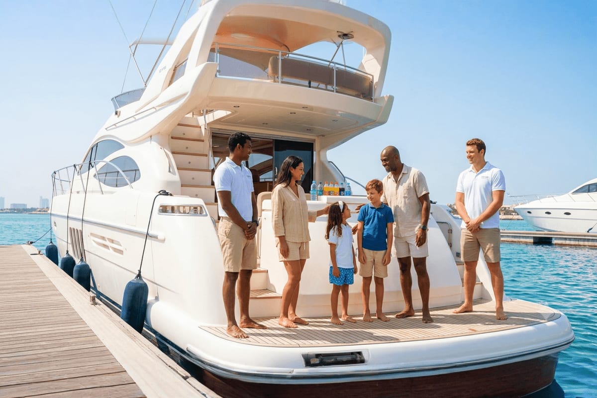 Multi-generational family standing on the deck of a white 50-foot yacht moored at a marina on calm turquoise water