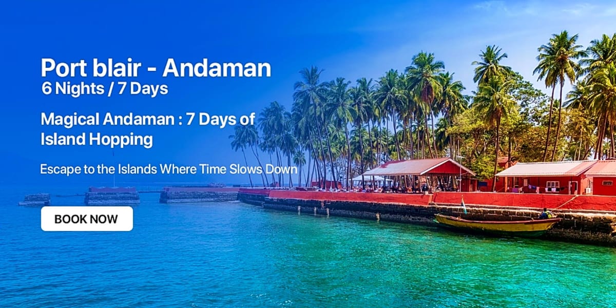 Tropical Andaman island beach with red boat dock structures, palm trees, and clear turquoise water under blue sky
