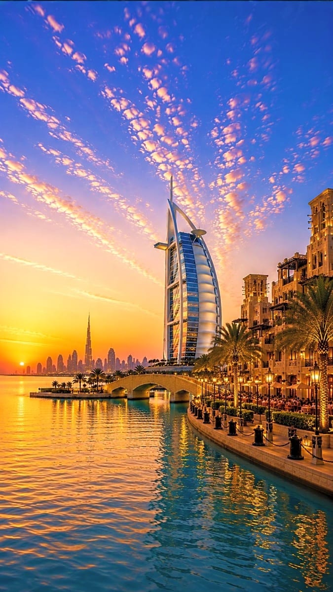 Burj Al Arab luxury hotel at sunset in Dubai with waterfront promenade, Arabian Gulf, and city skyline in background