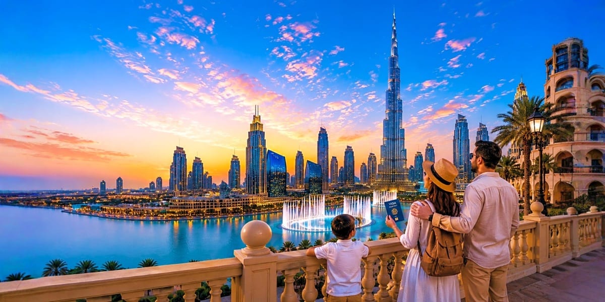 Family viewing Dubai skyline at sunset with Burj Khalifa and fountain show illuminated over water