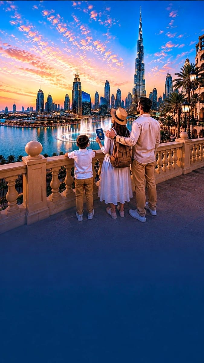 Family enjoying sunset view of Dubai skyline and Burj Khalifa from waterfront balcony