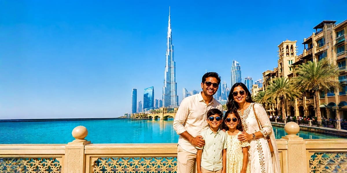 Family of four posing by Burj Khalifa and turquoise lake in Dubai with palm trees and cityscape