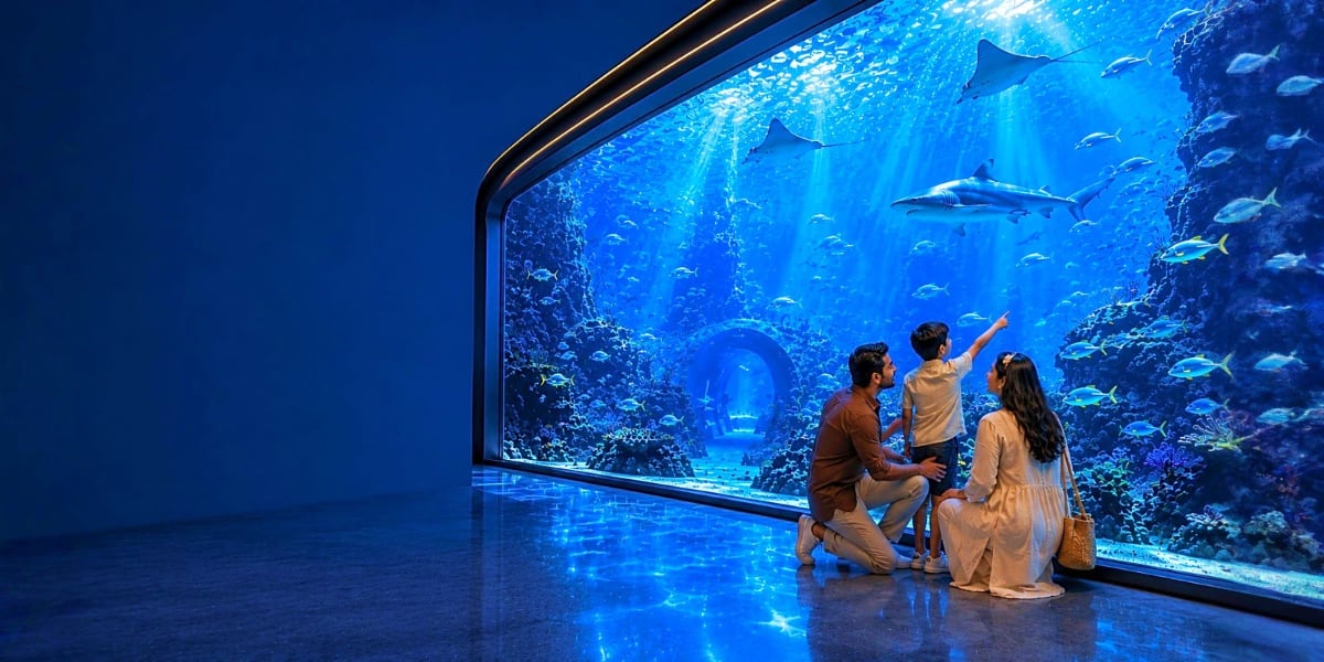 Family viewing sharks and tropical fish through large aquarium window at Dubai underwater tunnel exhibit