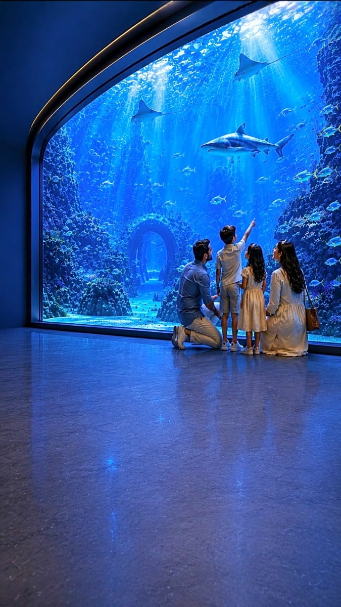 Family viewing sharks and fish through massive curved aquarium glass at Dubai Aquarium underwater tunnel exhibit
