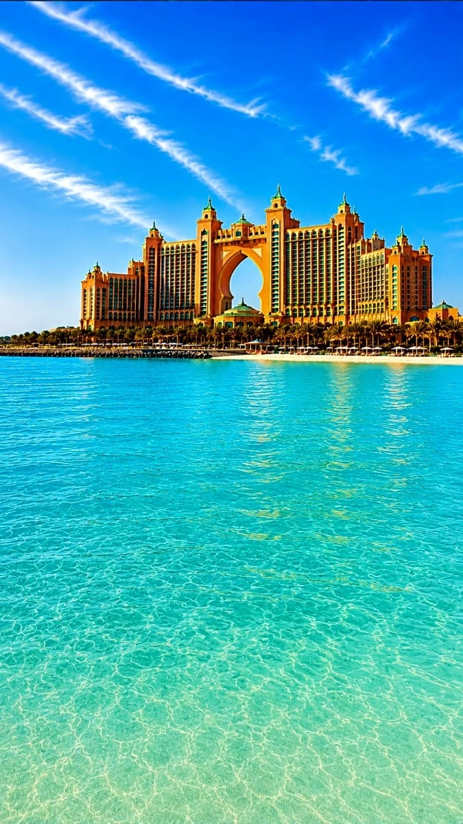 Atlantis The Palm luxury hotel viewed from turquoise Arabian Gulf waters under clear blue sky with palm trees lining the beac