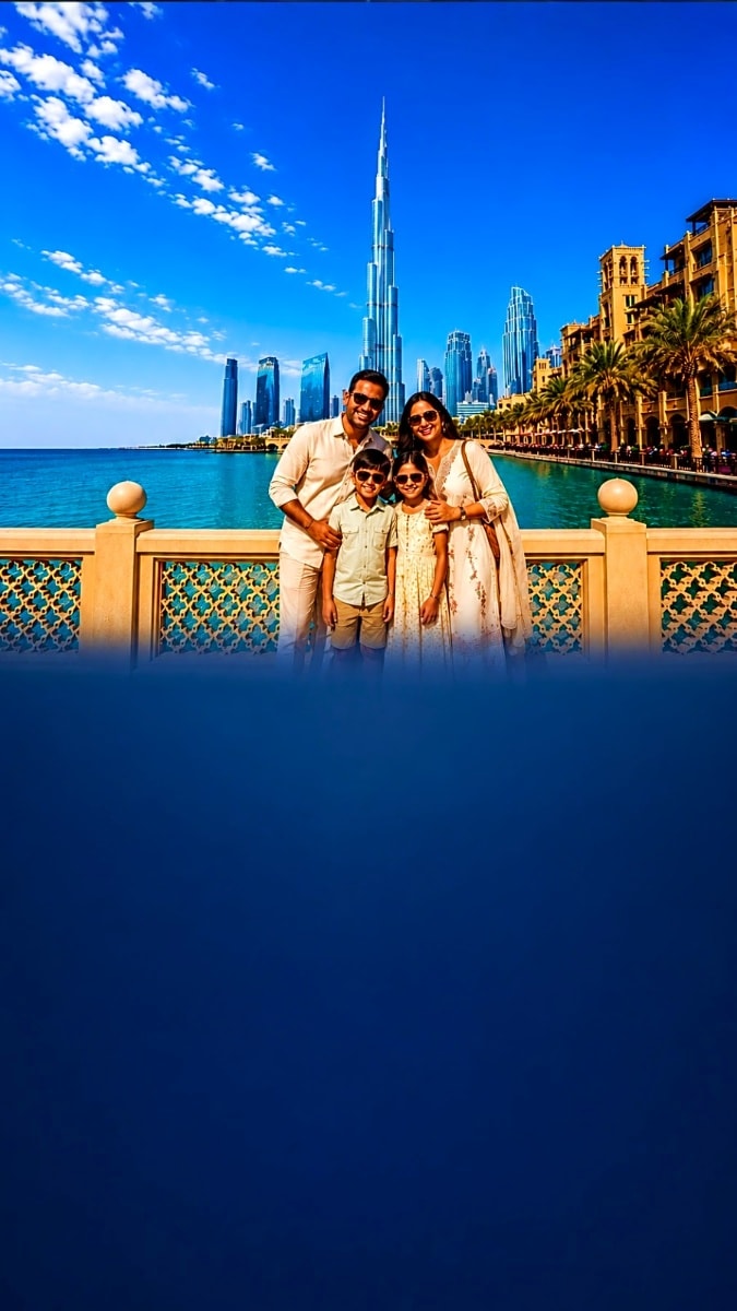 Family of four posing at ornate railing overlooking Burj Khalifa and Dubai skyline with turquoise water and palm trees