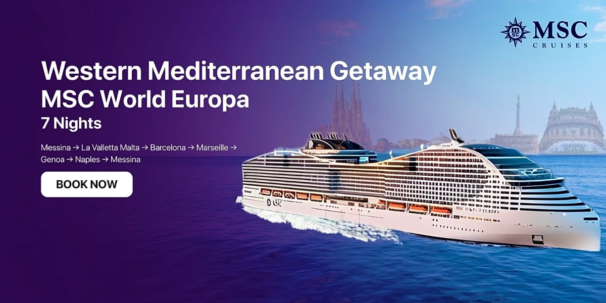MSC World Europa cruise ship in Mediterranean waters with European landmarks including Sagrada Familia and St. Peter's Basili
