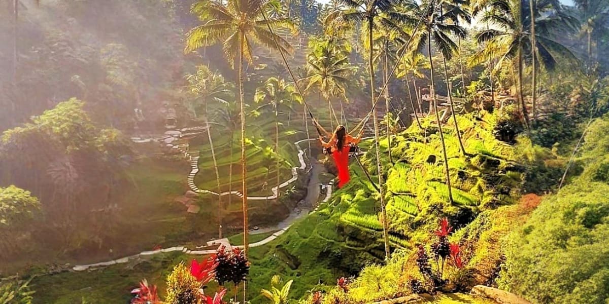 Lush tropical valley with winding river, tall palm trees, red flowers in foreground, and misty mountains in Bali