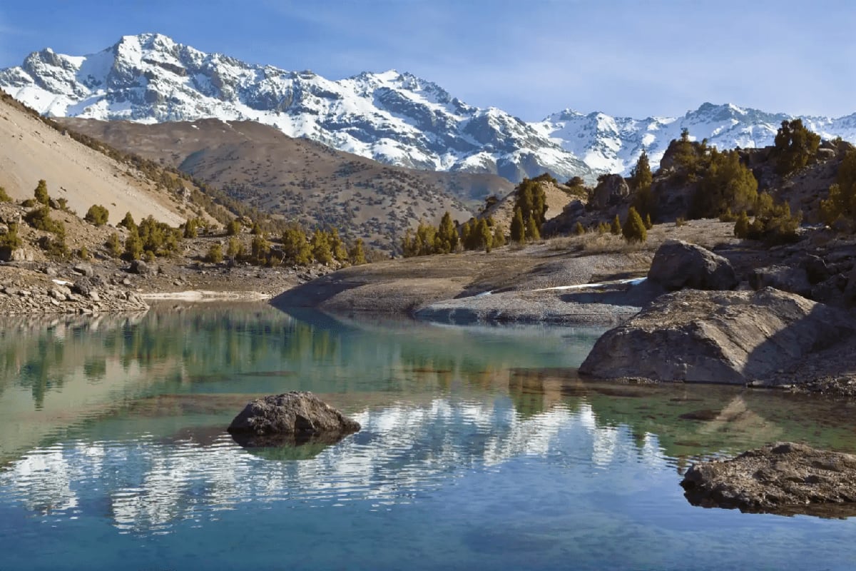 Alpine lake with snow-capped mountains, scattered evergreen trees, and rocky shores in Tajikistan's mountainous landscape