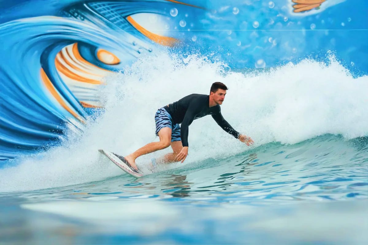 Male surfer riding artificial wave at indoor surfing facility with blue wave graphic backdrop