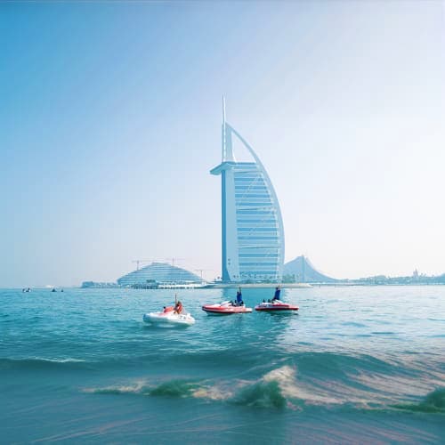 People on jet skis and boats in shallow water with Burj Al Arab sail-shaped hotel in background, Dubai
