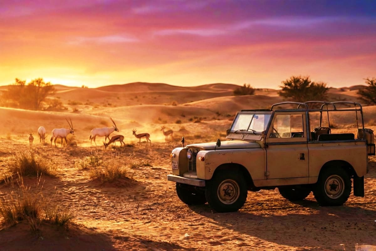 Vintage Land Rover parked in desert landscape at sunset with grazing antelopes and sand dunes in background
