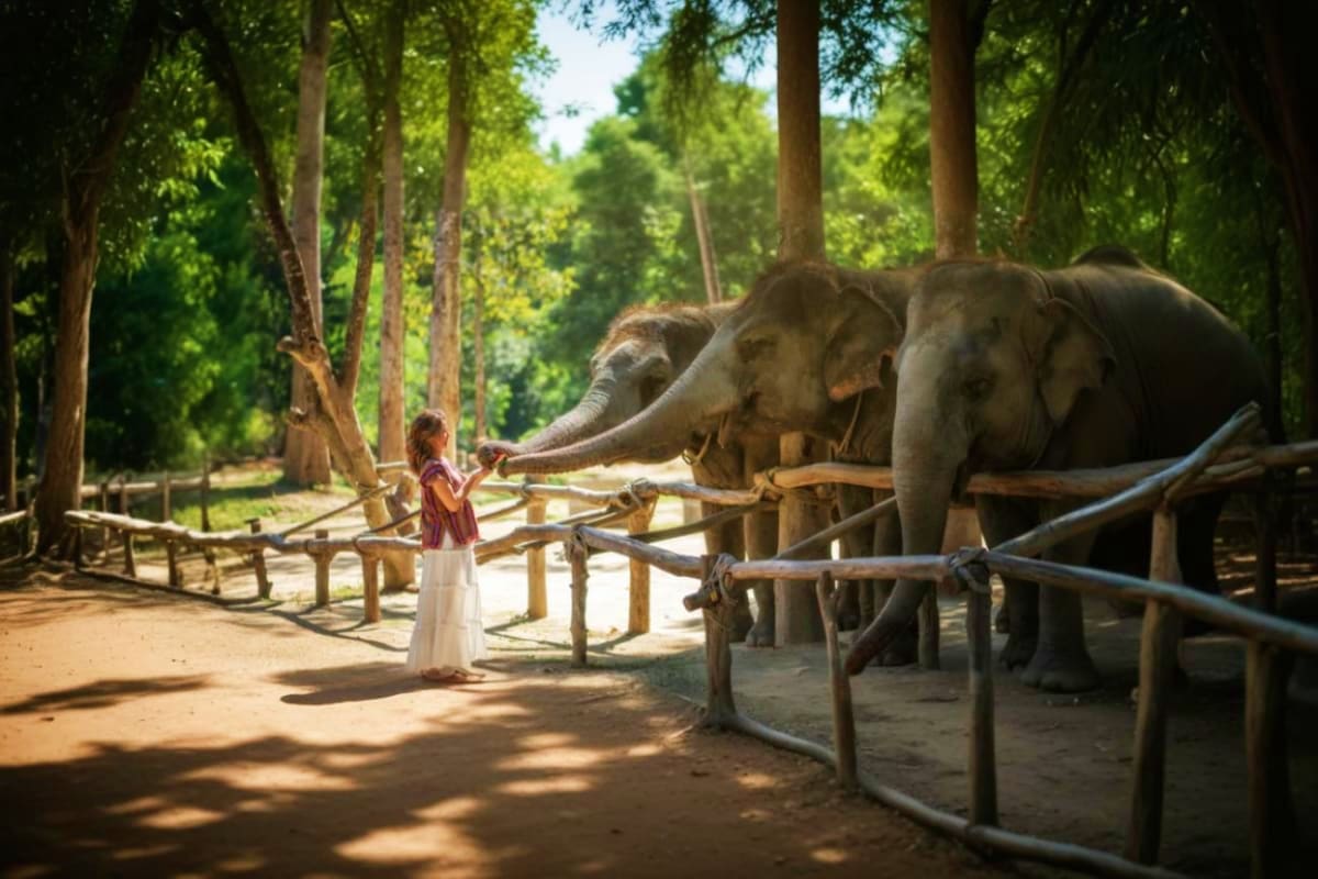 Elephant Jungle Sanctuary Woman feeding elephants at wooden fence in tropical forest sanctuary with tall trees