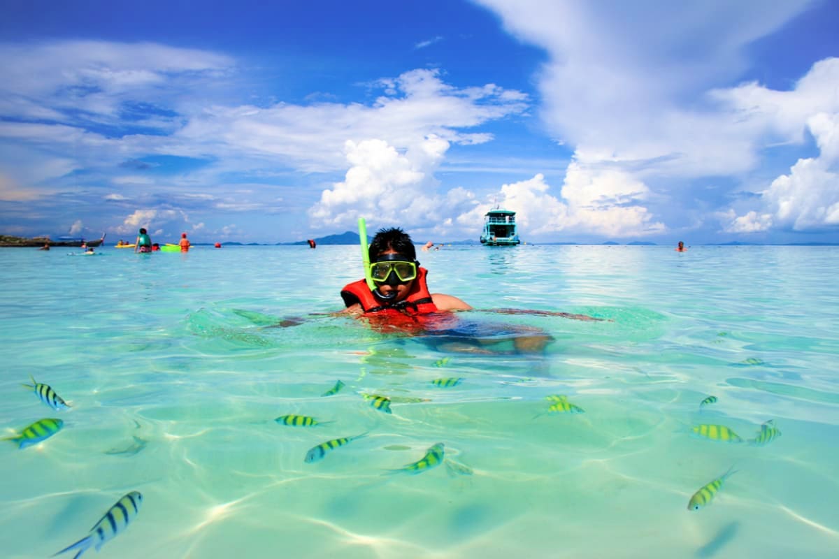 Snorkeler in red life jacket and green mask swimming in turquoise water with striped yellow and blue fish, speed boat and oth