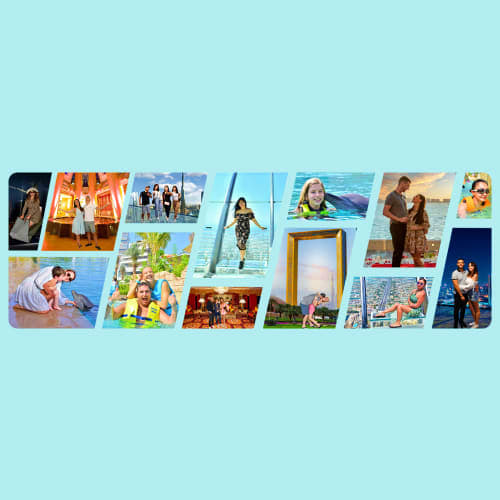 Photo Pass for Dubai attractions Collage of printed photo memories from Dubai attractions and experiences arranged on light blue background