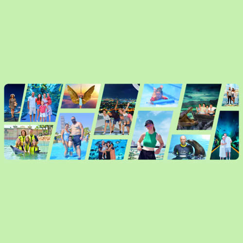 Collage of tourist photos from Dubai attractions showing families and groups at various landmarks, water activities, and scen
