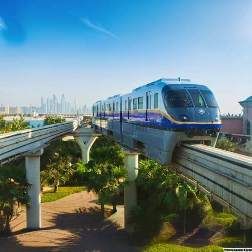 The Palm Monorail Modern elevated monorail train with blue and white livery traveling on elevated tracks above landscaped grounds with city sky