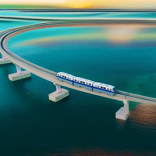 The Palm Monorail Elevated monorail train crossing curved bridge over turquoise water at sunset with white support pillars