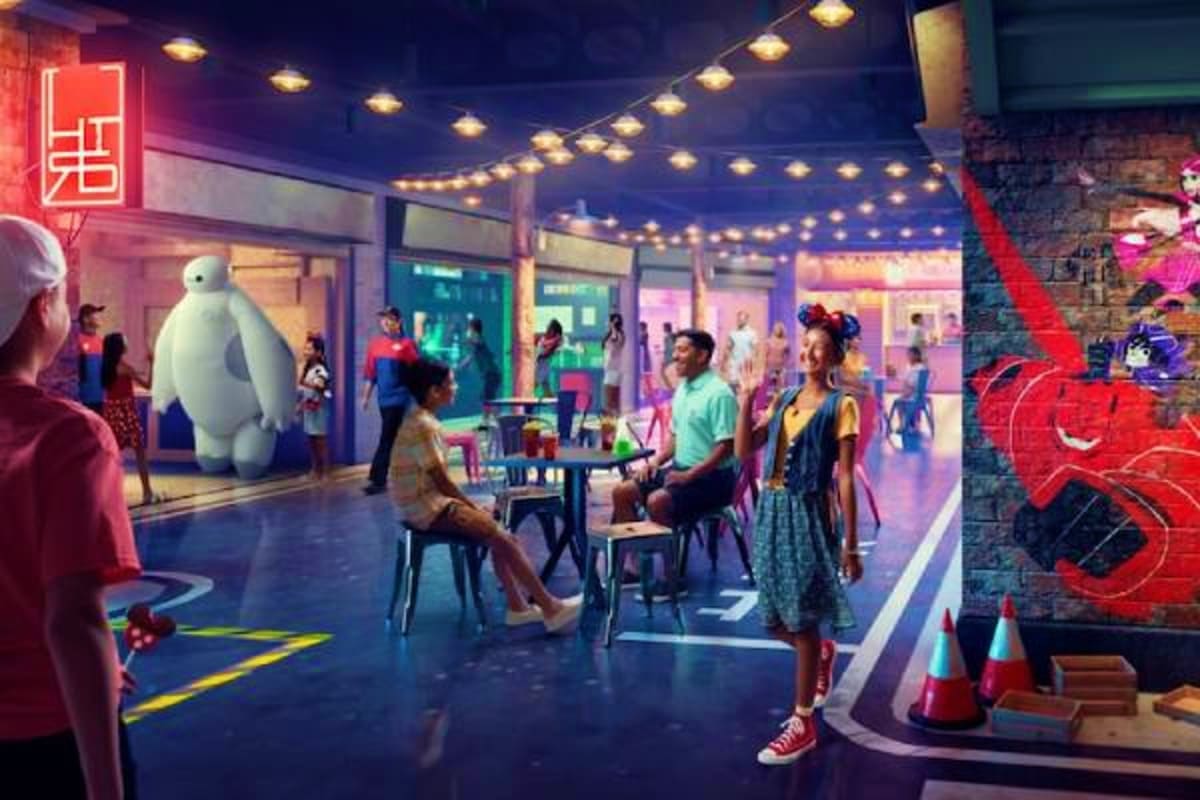 Colorful indoor shopping mall scene with diverse visitors, neon signage, string lights, and a large white cartoon character f