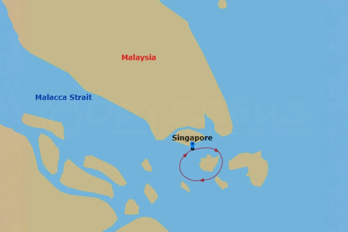 Map showing Singapore and Malaysia with Malacca Strait, depicting cruise route around Southeast Asia