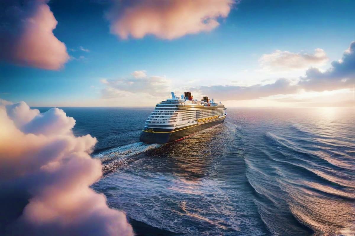 Large modern cruise ship sailing on blue ocean water under partly cloudy sky at sunset