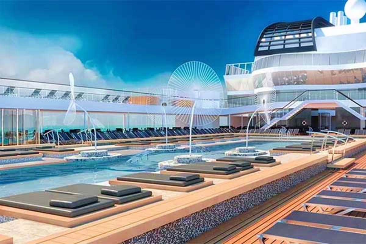 MSC Euribia cruise ship pool deck with loungers, water features, and ship superstructure against blue sky