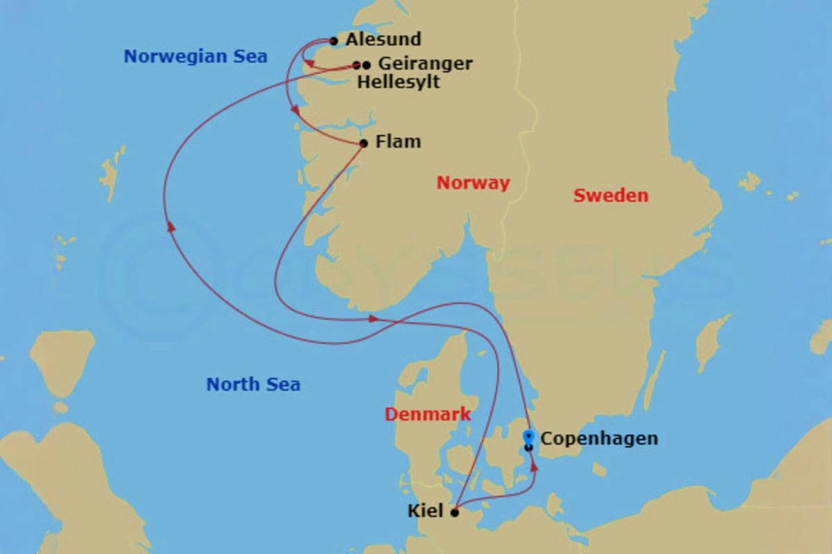Cruise route map showing MSC Euribia itinerary through Norwegian fjords and North Sea, visiting Alesund, Geiranger, Hellesylt