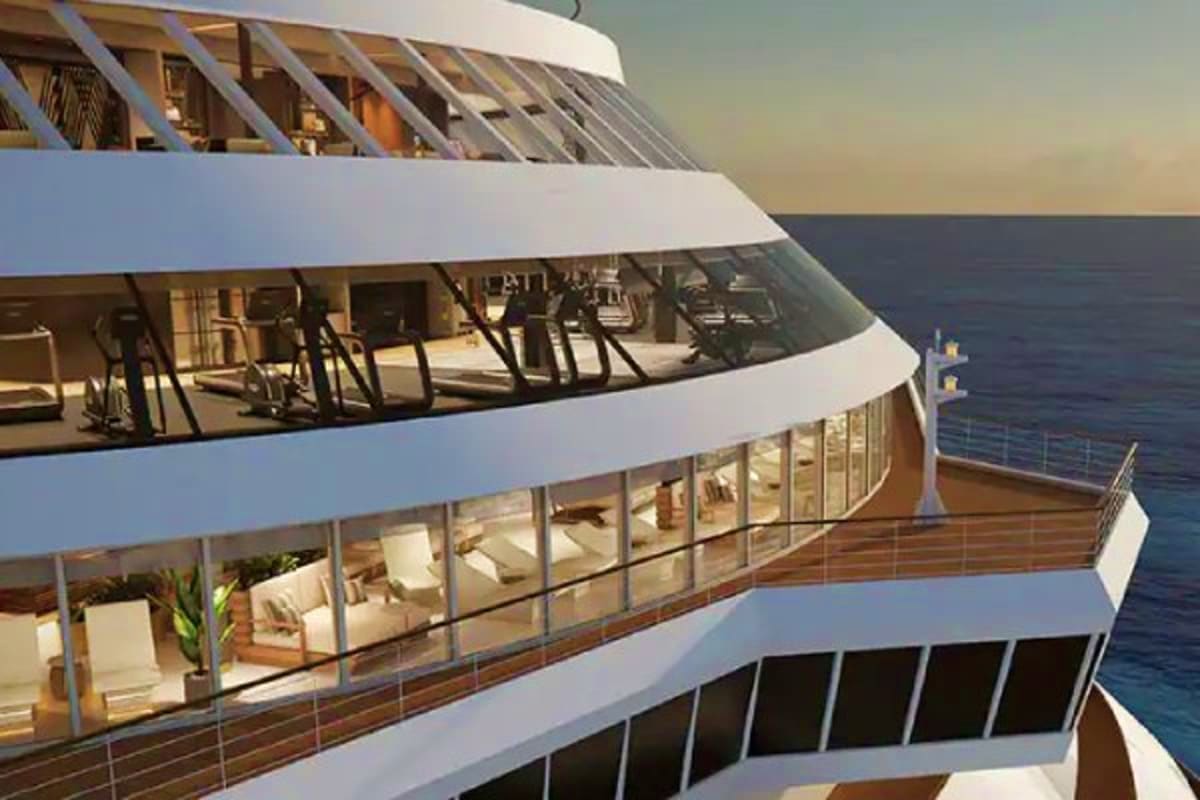 Modern cruise ship exterior showing multiple decks with curved white railings, large windows, and ocean views at sea