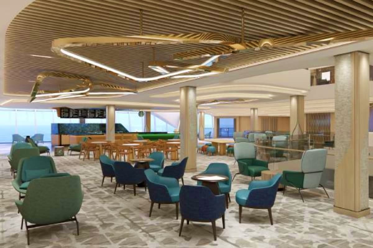 Modern cruise ship lounge with teal and navy seating areas, decorative ceiling with fish sculptures, and ocean views through 