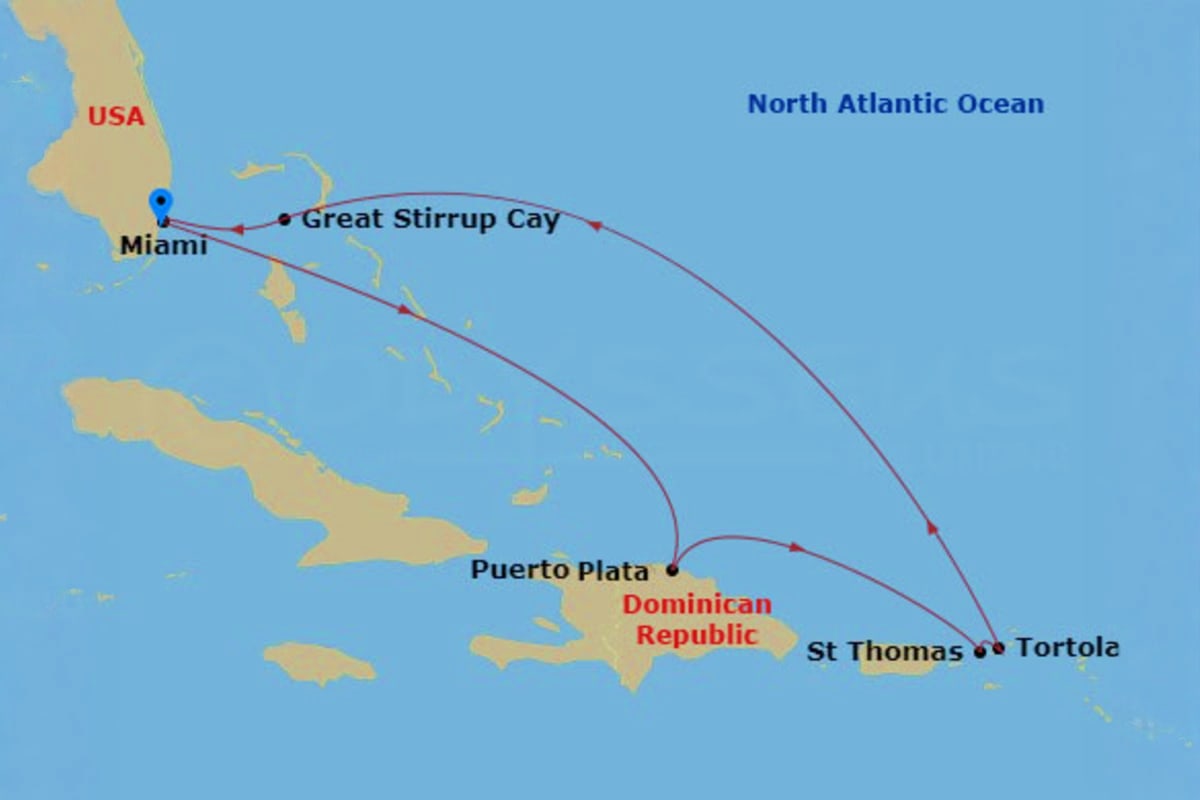 Map showing Norwegian Cruise Eastern Caribbean route from Miami to Great Stirrup Cay, Puerto Plata, St Thomas, and Tortola in