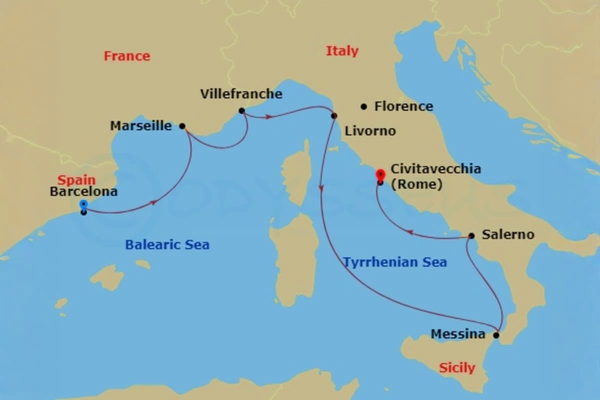 Mediterranean cruise itinerary map showing ports in Spain, France, and Italy connected by route lines