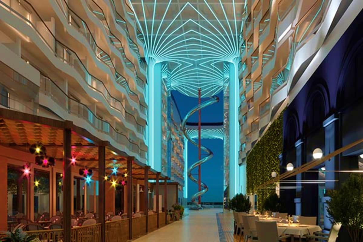 Modern cruise ship atrium with turquoise neon lighting, multi-story residential corridors, retail spaces, and central water f