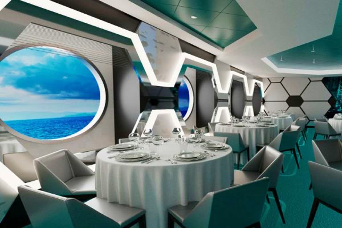 Modern dining room interior on cruise ship with round tables, white tablecloths, and large circular porthole window overlooki