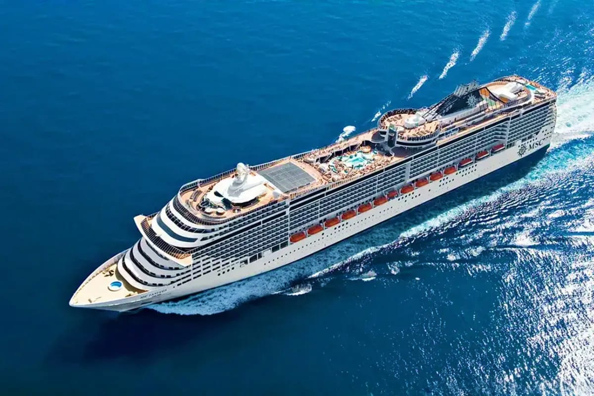 MSC Fantasia Eastern Mediterranean Cruise Aerial view of MSC Fantasia cruise ship sailing on blue Mediterranean Sea waters