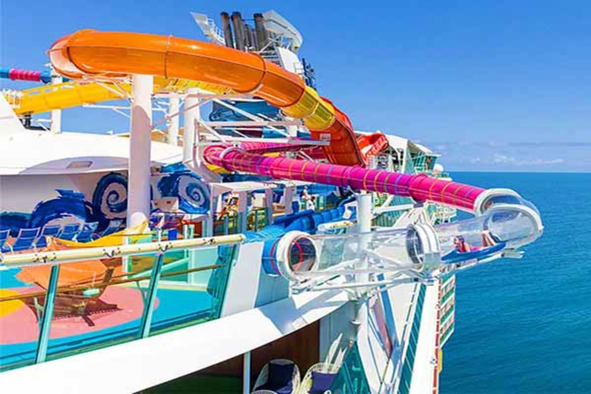 Colorful water slides and deck features on Navigator of the Seas cruise ship at sea