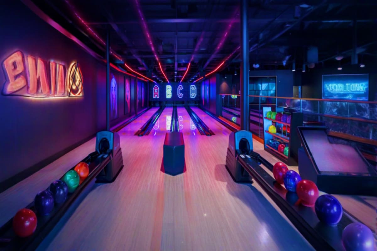 Modern bowling alley with neon lighting, colorful bowling balls, and illuminated pins on multiple lanes aboard a cruise ship
