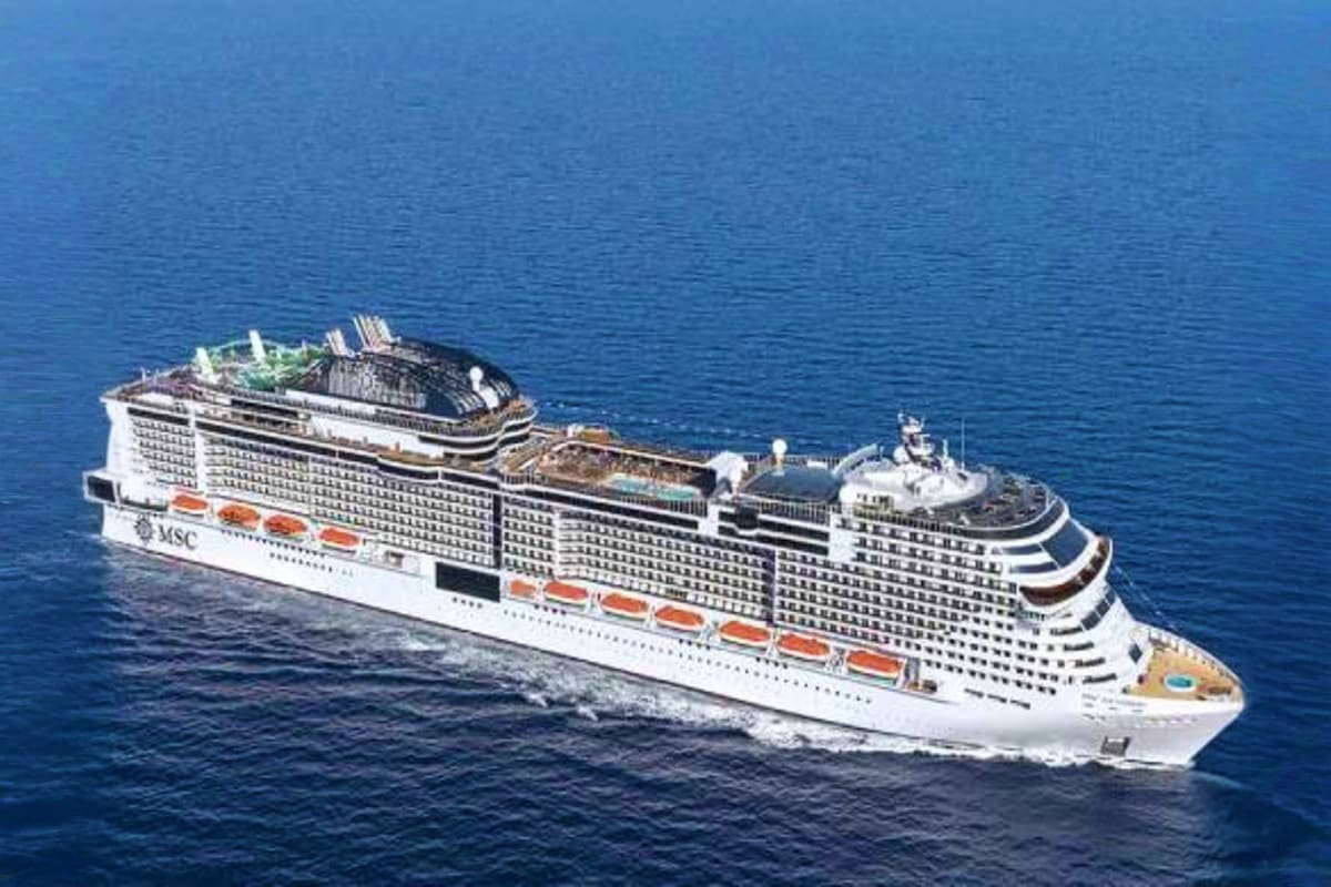 MSC Grandiosa cruise ship sailing on blue Mediterranean waters viewed from above