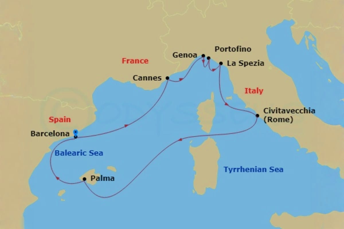 Mediterranean cruise route map showing ports in Barcelona, Palma, Cannes, Genoa, Portofino, La Spezia, and Civitavecchia with