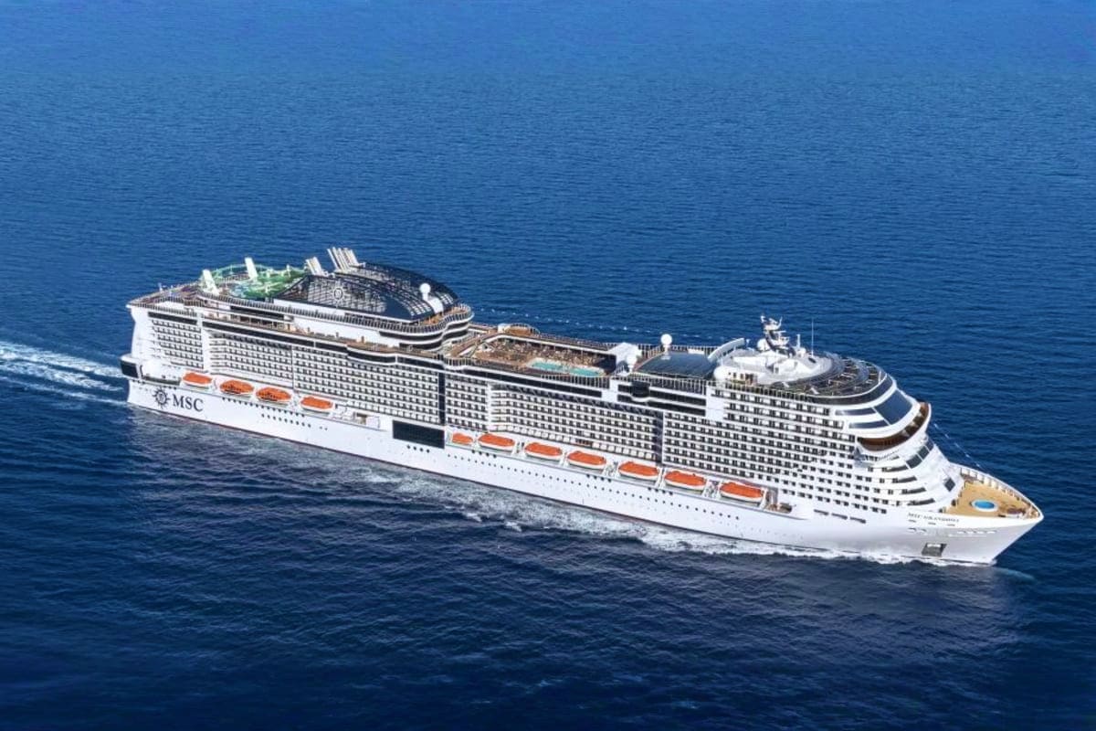 MSC Grandiosa Mediterranean Cruise MSC Grandiosa cruise ship sailing on blue Mediterranean Sea waters