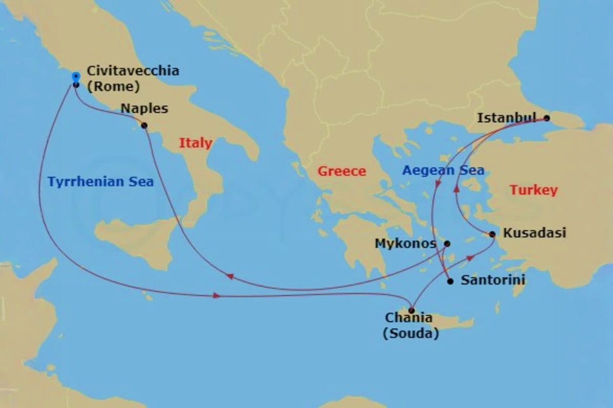Mediterranean cruise route map showing ports in Rome, Naples, Mykonos, Santorini, Kusadasi, and Istanbul across the Tyrrhenia