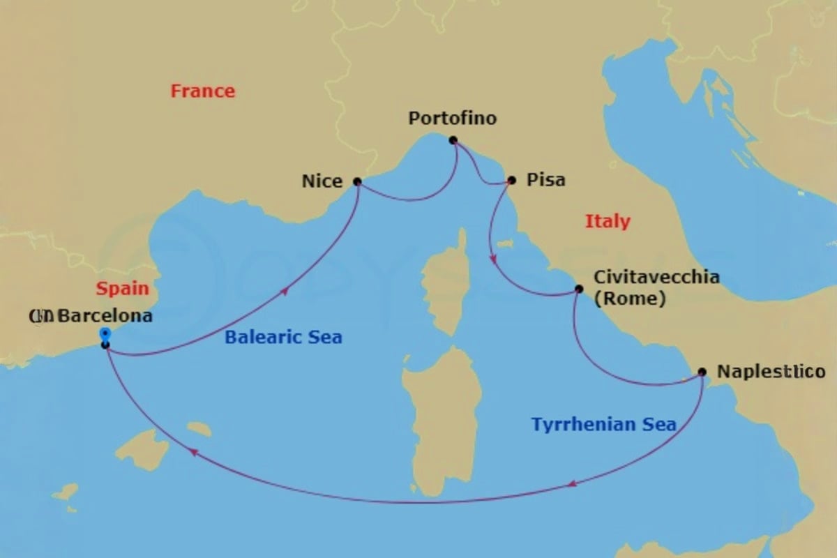 Map of Celebrity Xcel Mediterranean cruise route showing ports in Barcelona, Nice, Portofino, Pisa, Rome, and Naplestlico
