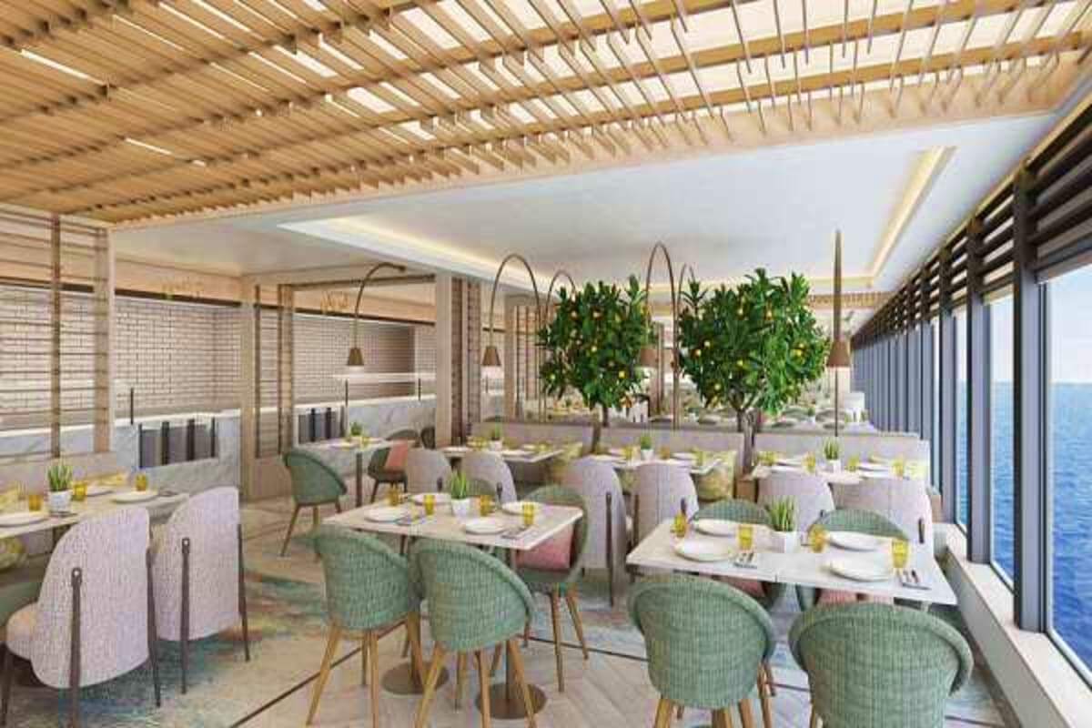 Modern cruise ship dining room with ocean view, white tables, green chairs, hanging plants, and wooden lattice ceiling