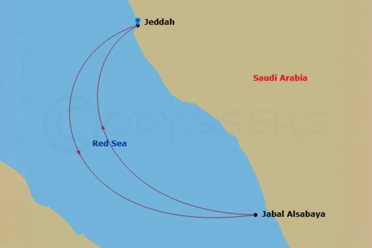 Map showing Aroya cruise route from Jeddah to Jabal Alsabaya in the Red Sea, Saudi Arabia with two curved path lines indicati